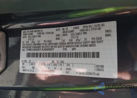 2018 Ford Escape Se из США, поврежденный, VIN 1FMCU0GD7JUD05057